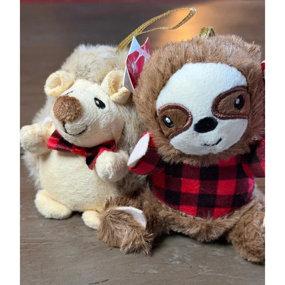 Woodland Plush Christmas Ornaments Hedgehog and Sloth Buffalo Plaid Set of 2